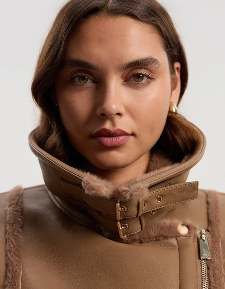 Faux Fur Buckle Detail Belted Biker Midi Coat