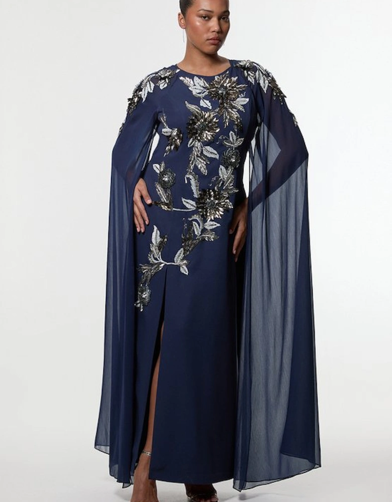 Plus Size Floral 3D Embellished Drama Cape Sleeve Woven Maxi Dress