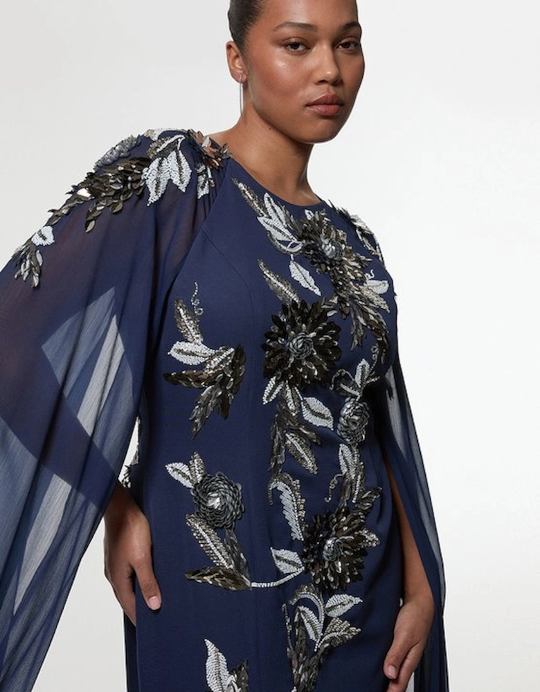 Plus Size Floral 3D Embellished Drama Cape Sleeve Woven Maxi Dress