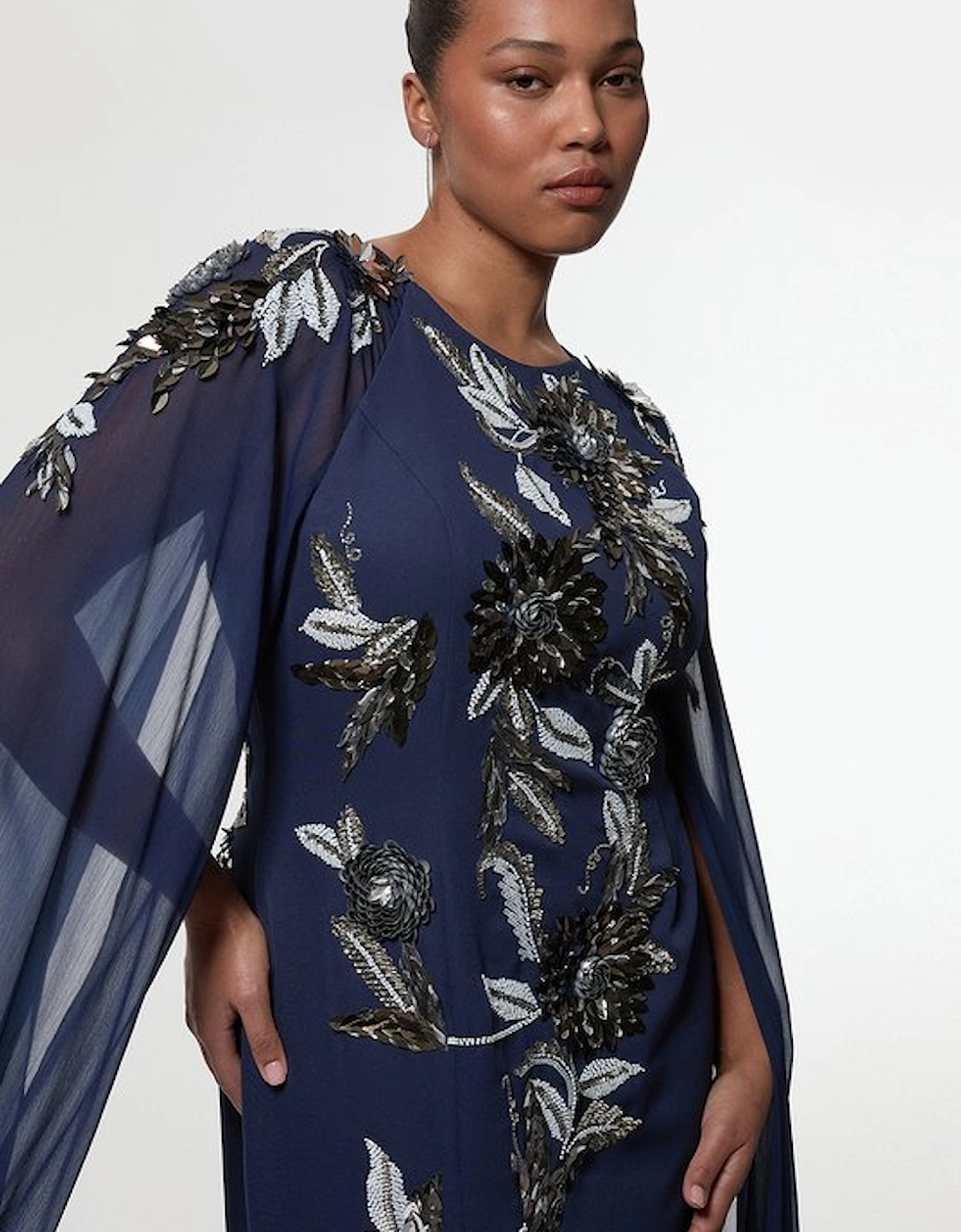 Plus Size Floral 3D Embellished Drama Cape Sleeve Woven Maxi Dress