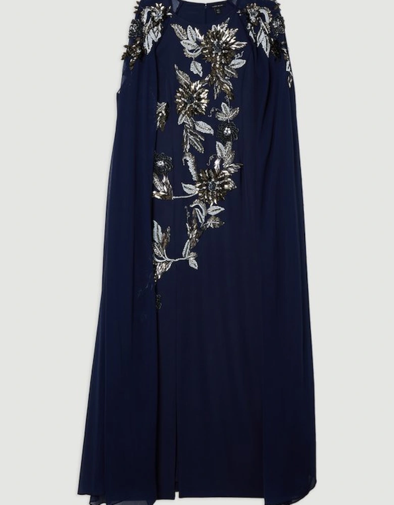 Plus Size Floral 3D Embellished Drama Cape Sleeve Woven Maxi Dress