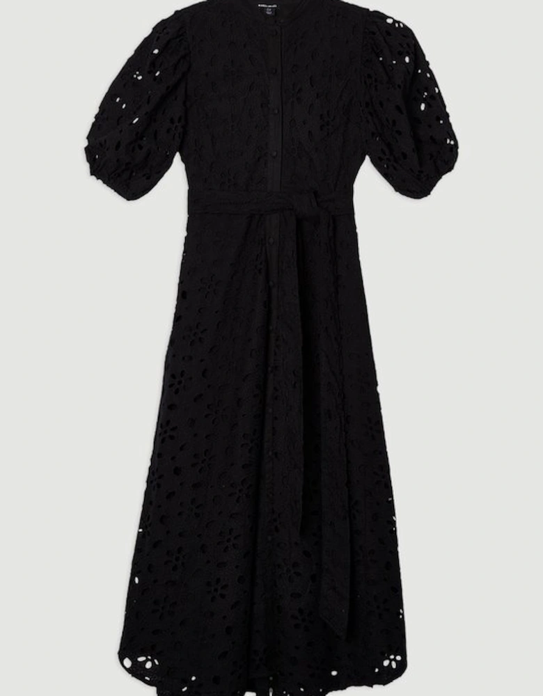 Cotton Broderie Belted Short Sleeve Woven Midi Dress
