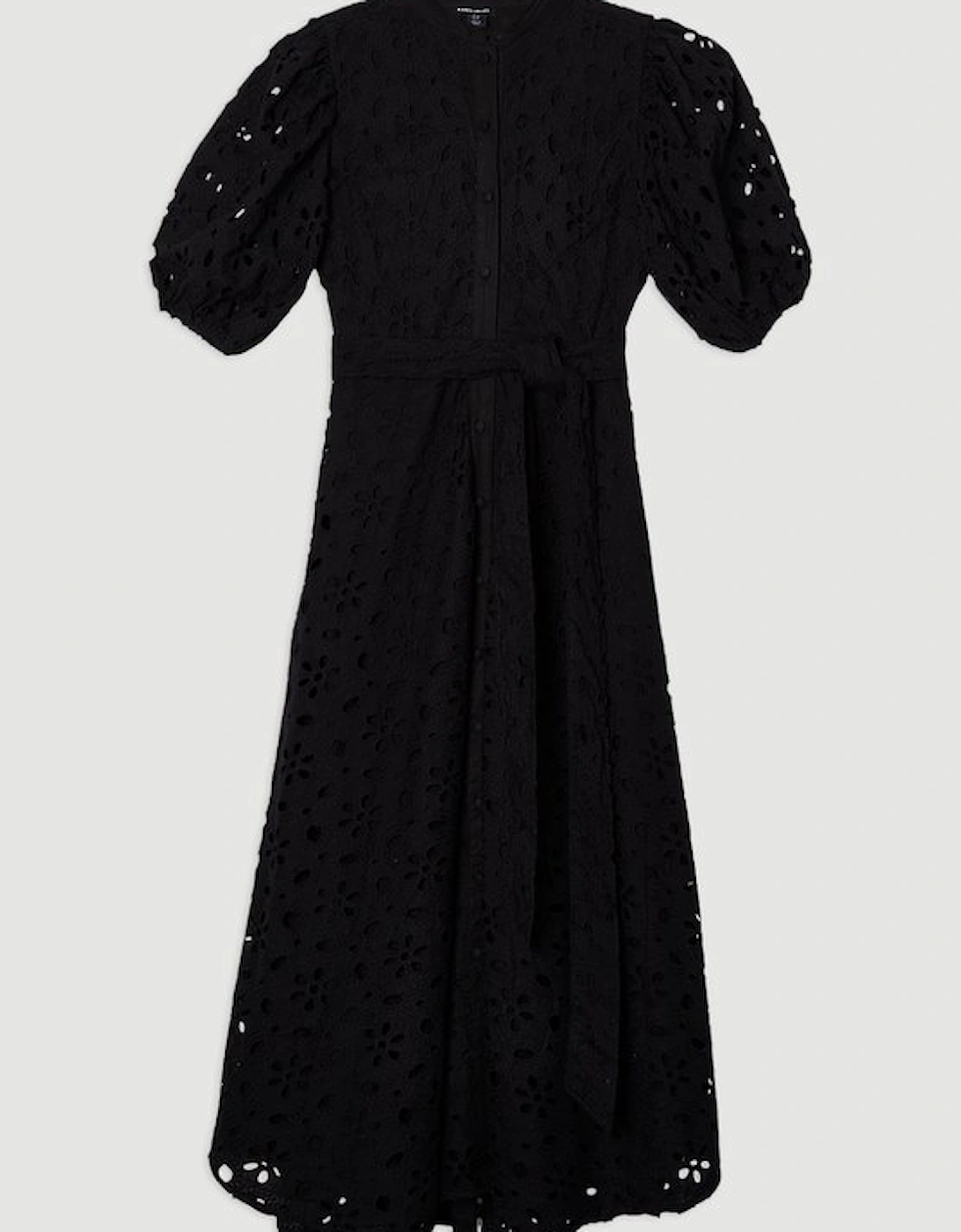 Cotton Broderie Belted Short Sleeve Woven Midi Dress