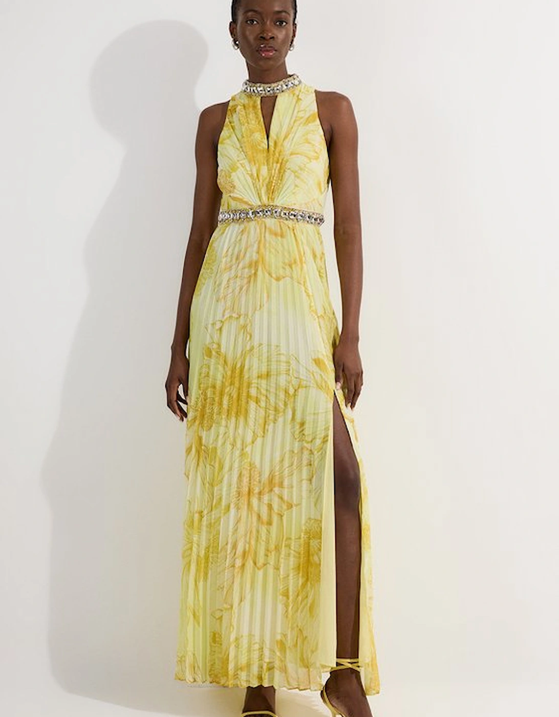 Abstract Floral Crystal Embellished Woven Split Maxi Dress