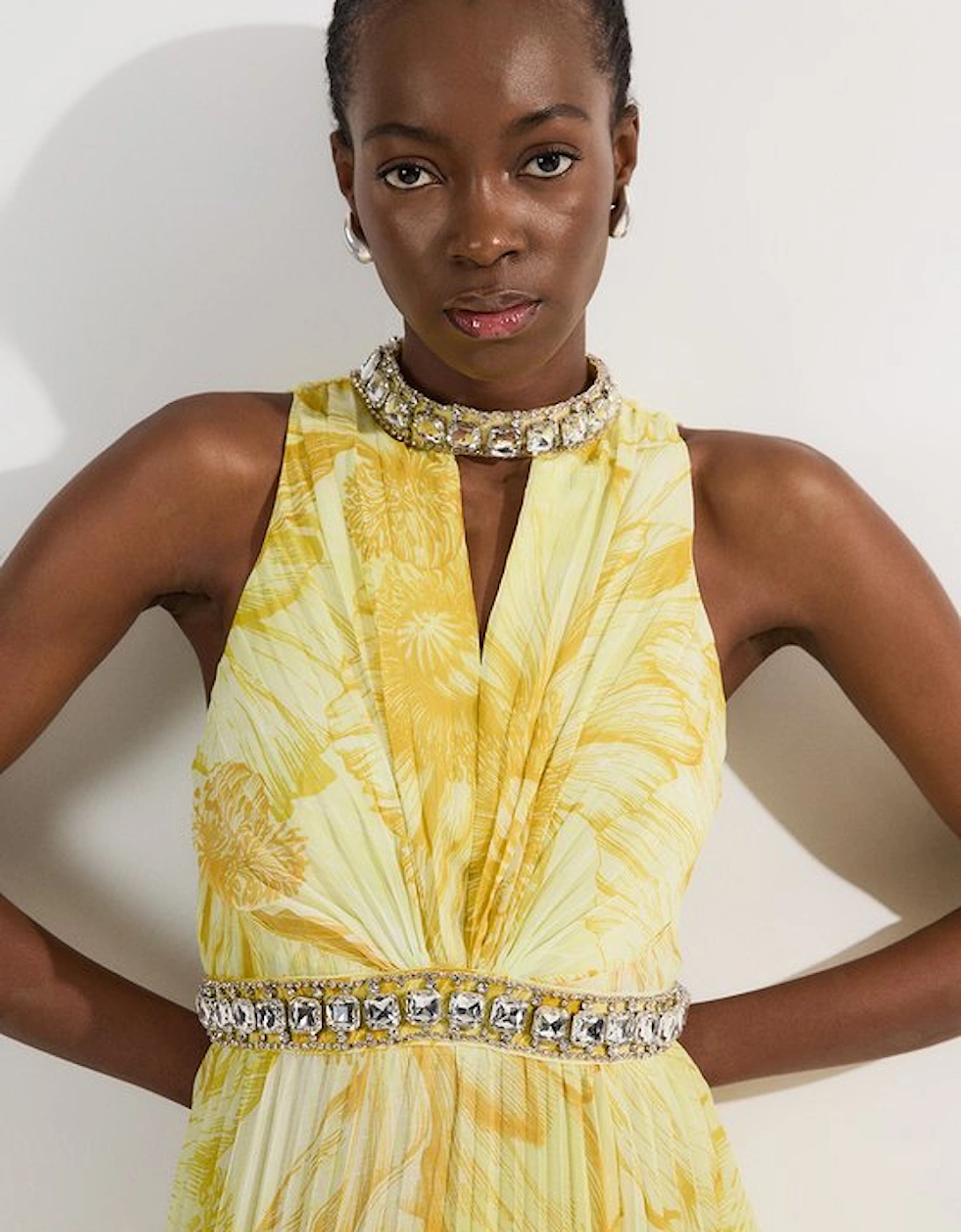 Abstract Floral Crystal Embellished Woven Split Maxi Dress