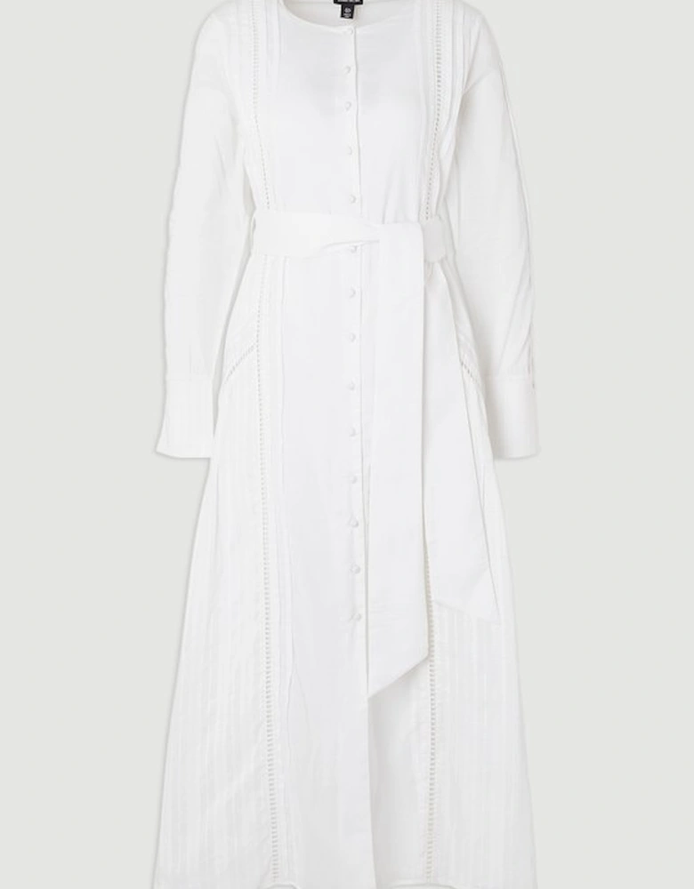 Plus Size Cotton With Lace Trim Insert Woven Long Sleeve Midi Dress