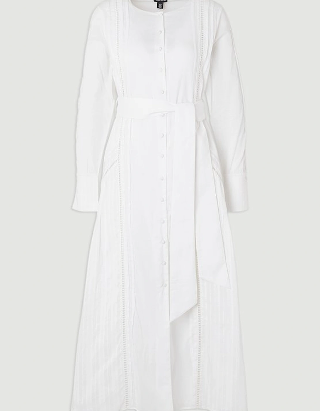 Plus Size Cotton With Lace Trim Insert Woven Long Sleeve Midi Dress
