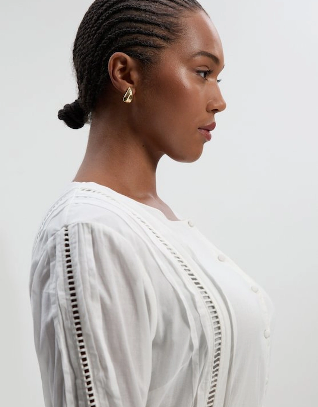 Plus Size Cotton With Lace Trim Insert Woven Long Sleeve Midi Dress