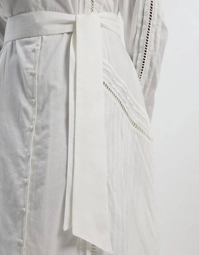 Plus Size Cotton With Lace Trim Insert Woven Long Sleeve Midi Dress