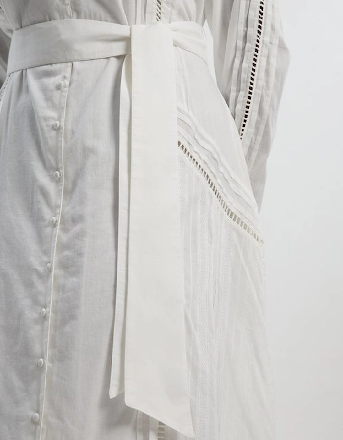 Plus Size Cotton With Lace Trim Insert Woven Long Sleeve Midi Dress