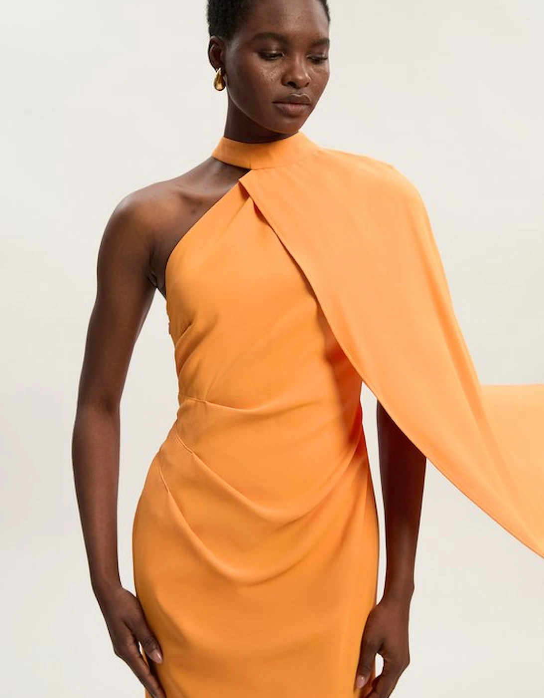 Soft Tailored One Shoulder Cape Sleeve Maxi Dress