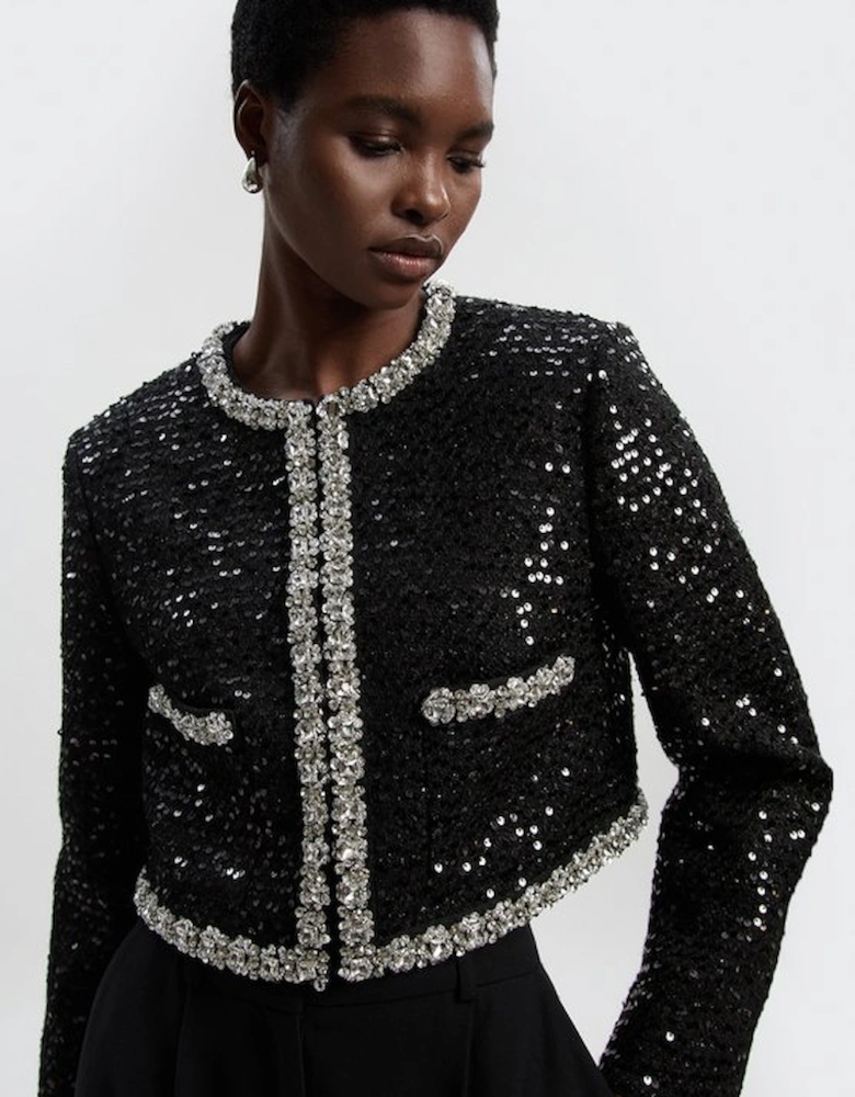 Sequin Tweed Embellished Cropped Tailored Jacket