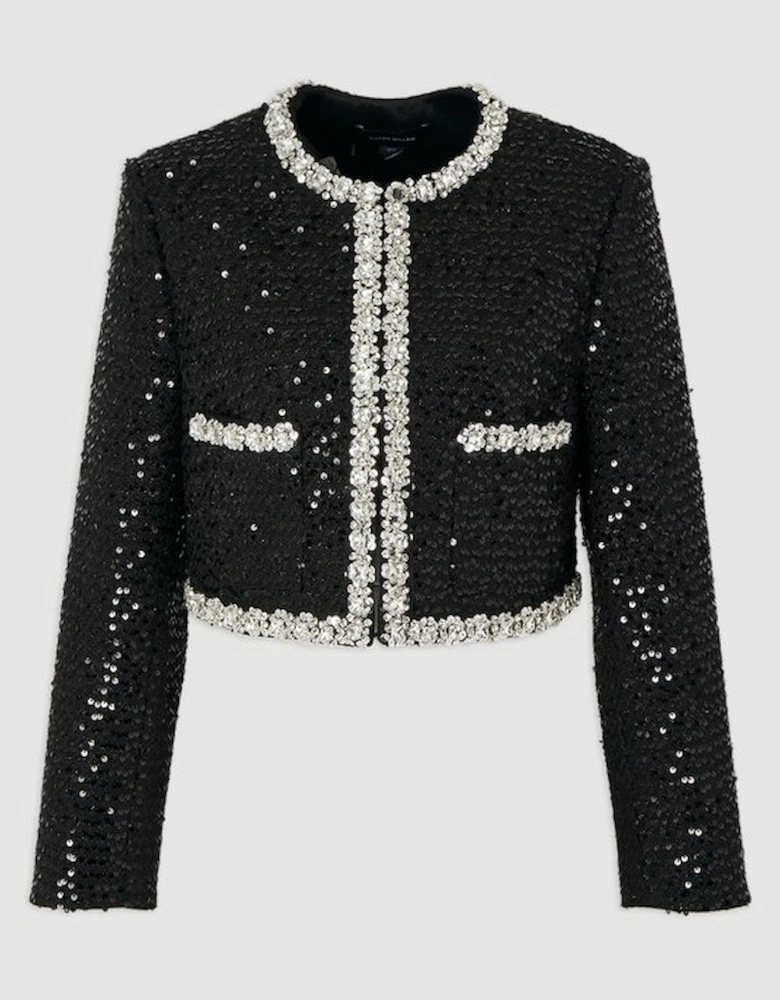 Sequin Tweed Embellished Cropped Tailored Jacket
