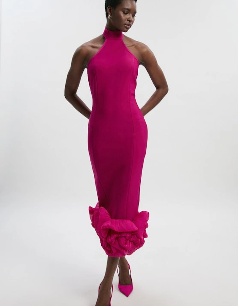 Figure Form Bandage Ruffle Hem Halter Knit Midi Dress