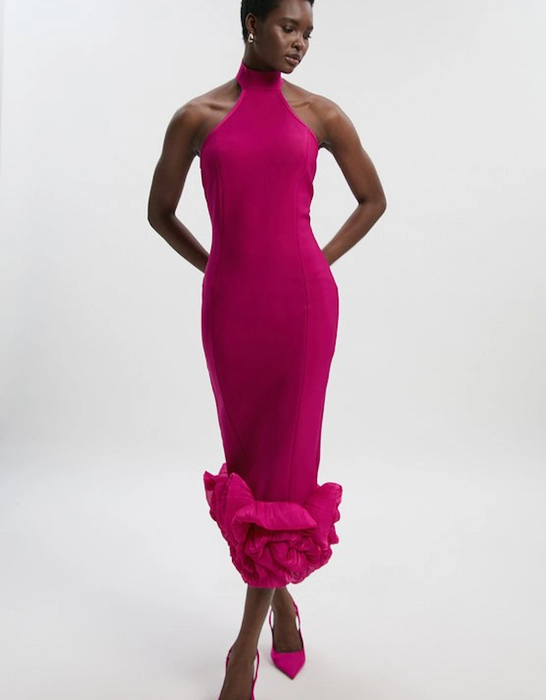 Figure Form Bandage Ruffle Hem Halter Knit Midi Dress