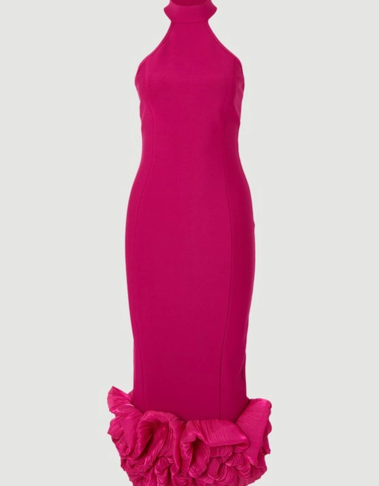 Figure Form Bandage Ruffle Hem Halter Knit Midi Dress