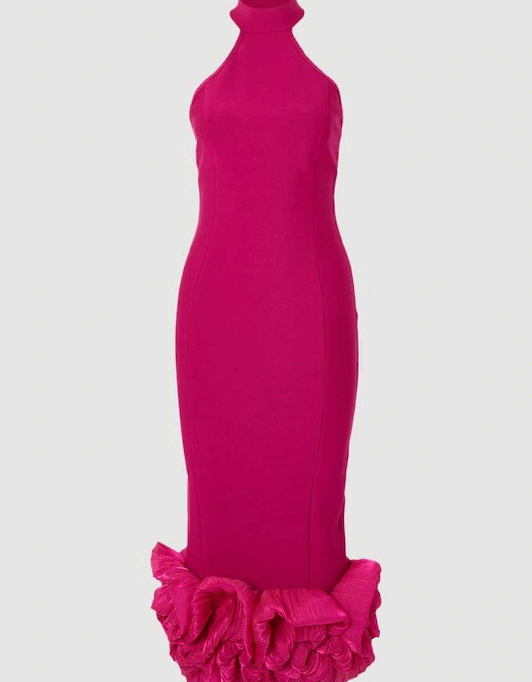 Figure Form Bandage Ruffle Hem Halter Knit Midi Dress