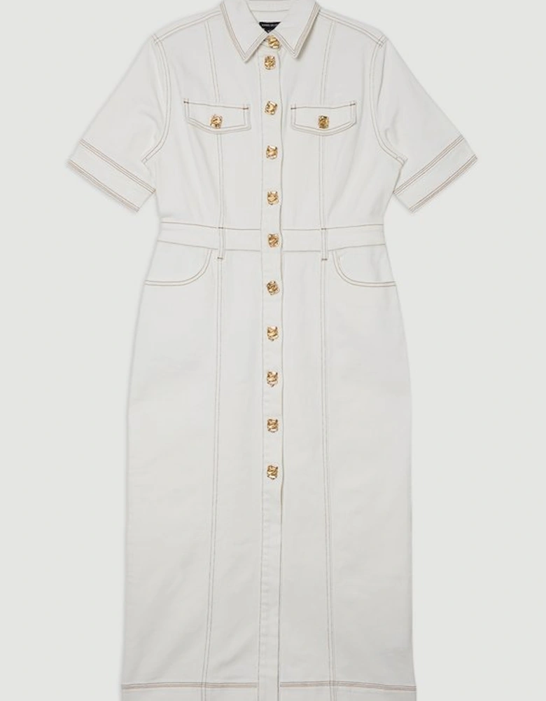 Denim Button Front Short Sleeve Pencil Midi Dress