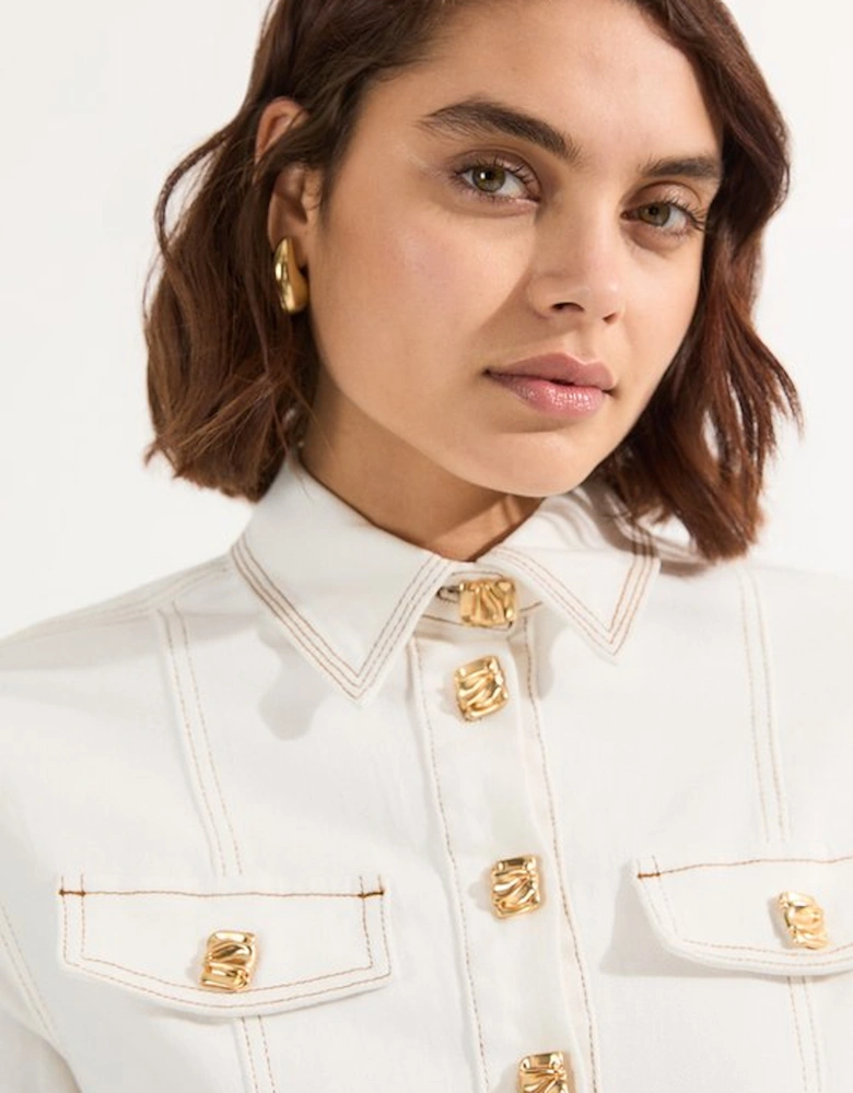 Denim Button Front Short Sleeve Pencil Midi Dress