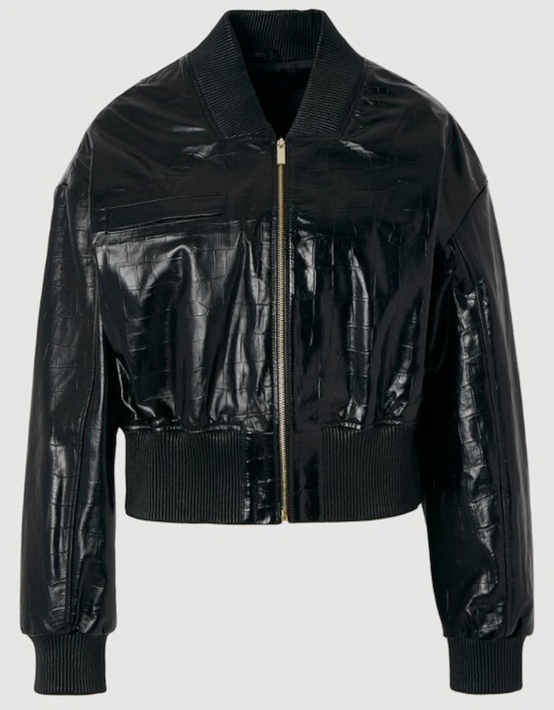 High Shine Croc Embossed Leather Bomber Jacket
