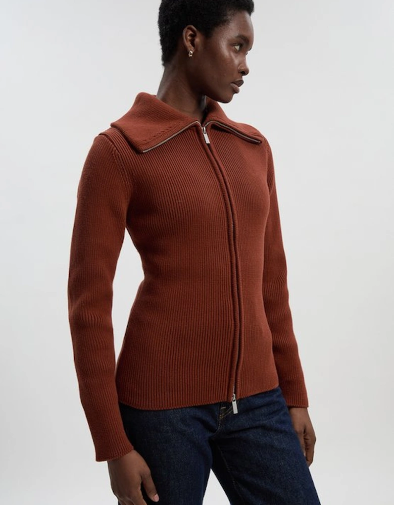 Cotton Zip Through Collar Knit Cardigan
