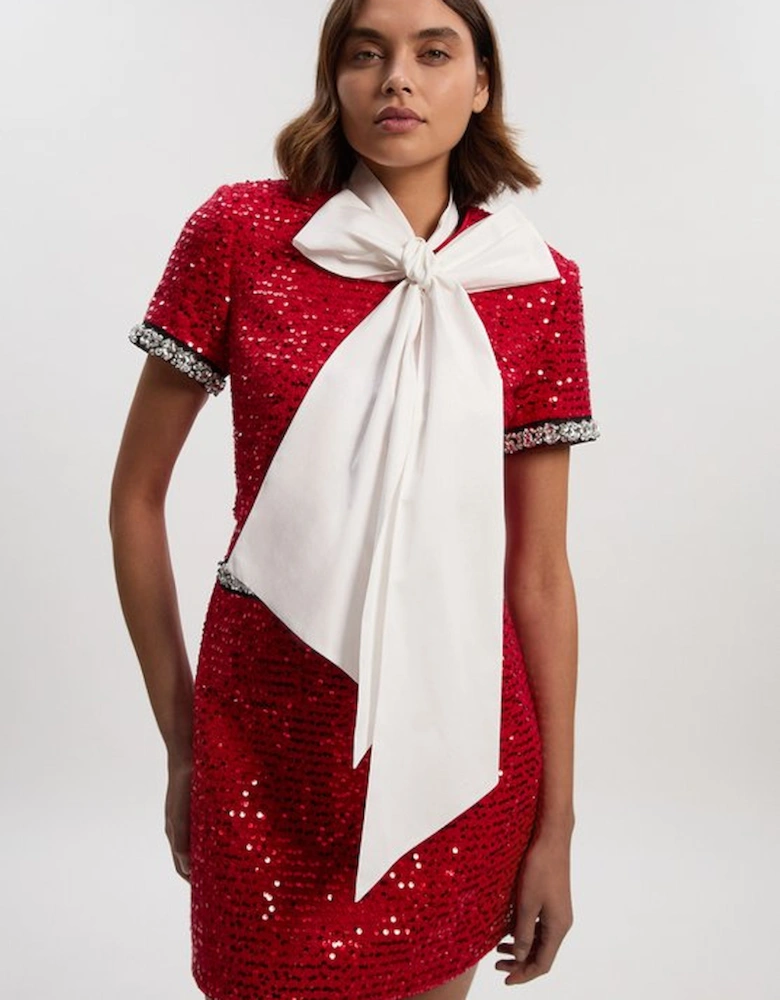 Tailored Sequin Tweed Tie Bow Neck Embellished Mini Dress
