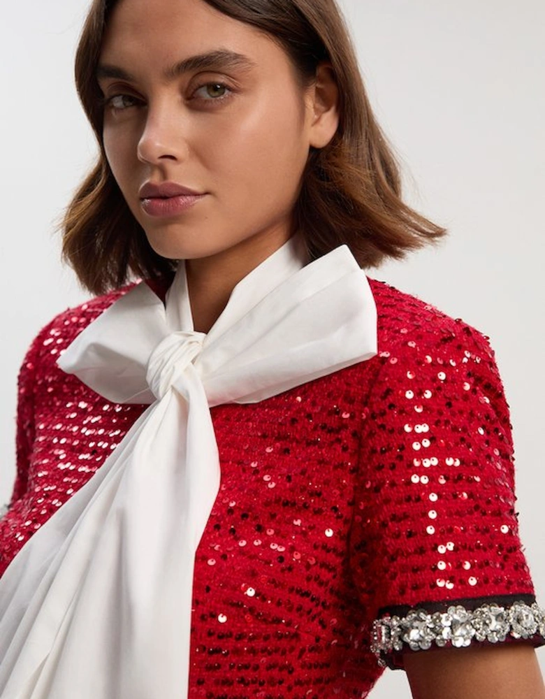 Tailored Sequin Tweed Tie Bow Neck Embellished Mini Dress