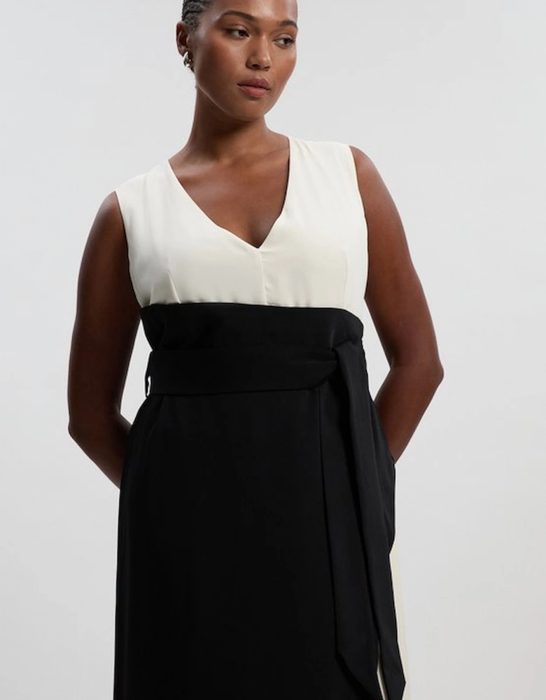 Plus Size Soft Tailored Colour block Side Pleated Midi Dress