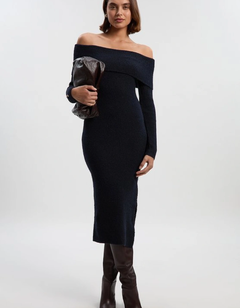 Wool Blend Cosy Bardot Knit Midi Dress