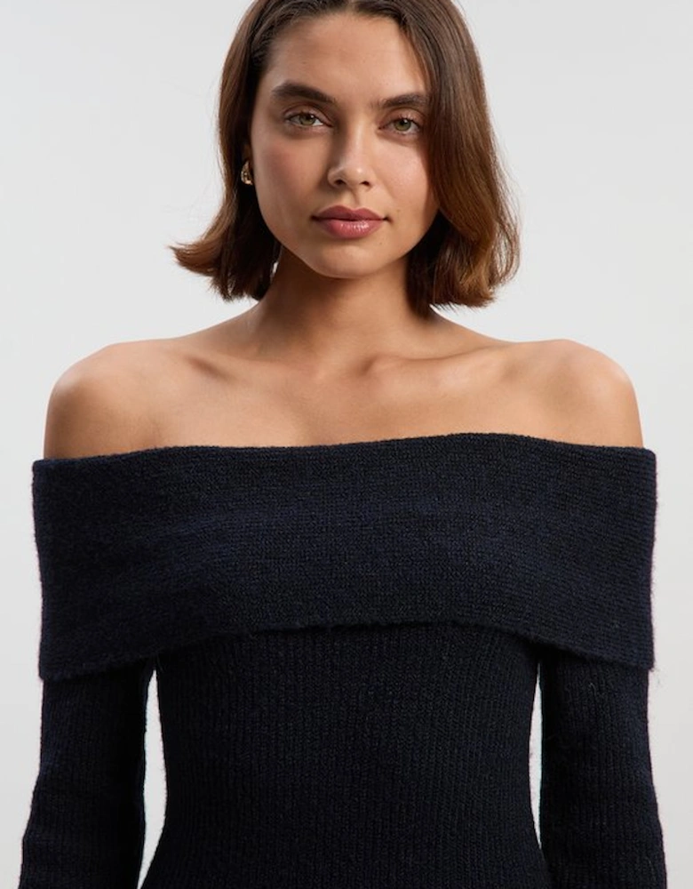 Wool Blend Cosy Bardot Knit Midi Dress