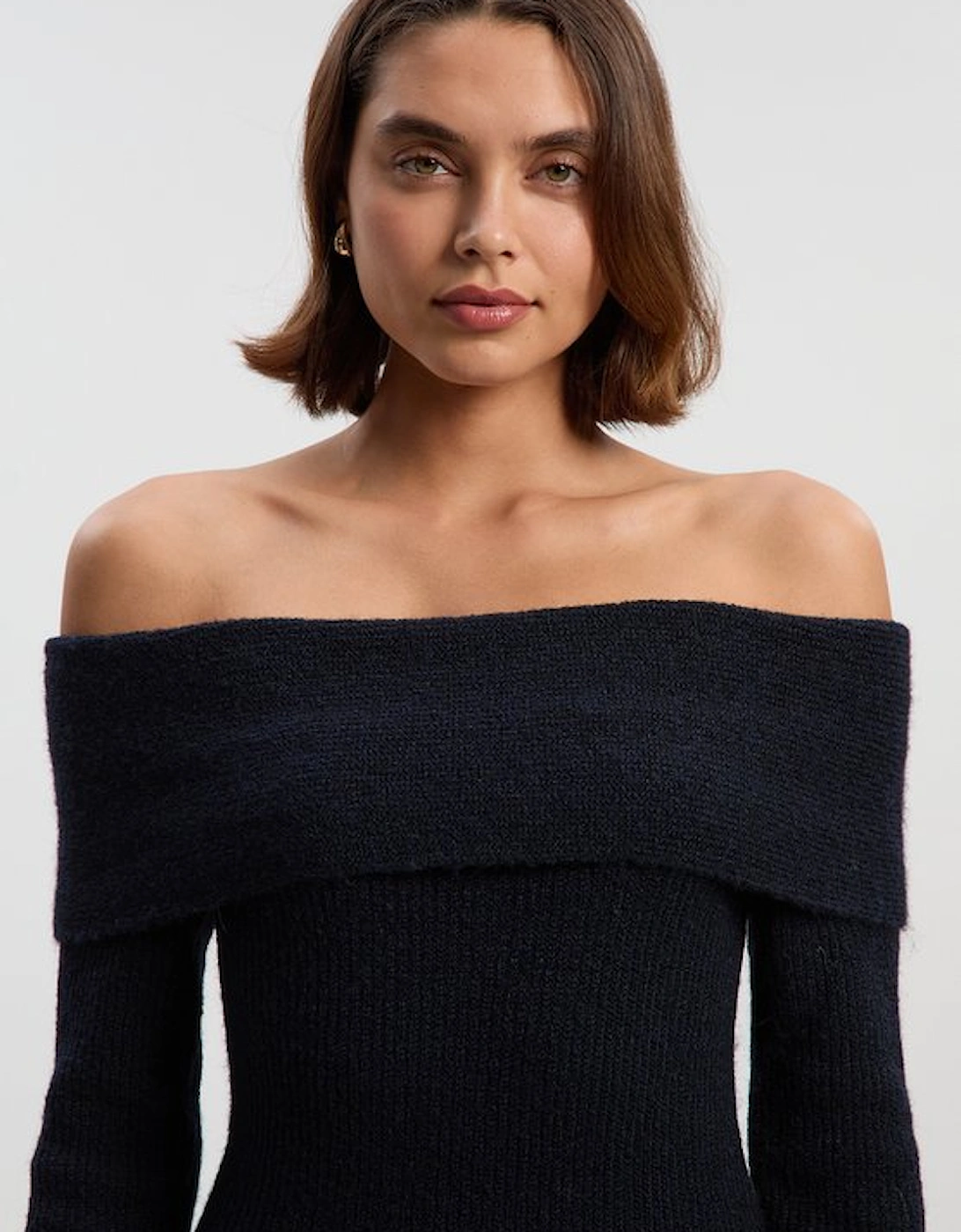 Wool Blend Cosy Bardot Knit Midi Dress
