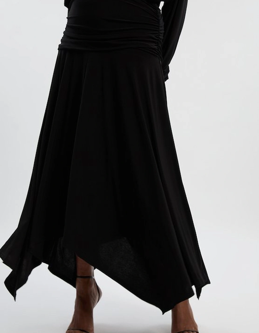 Plus Size Stretch Drapey Crepe Ruched Plunge Neck Batwing Sleeve Maxi Dress