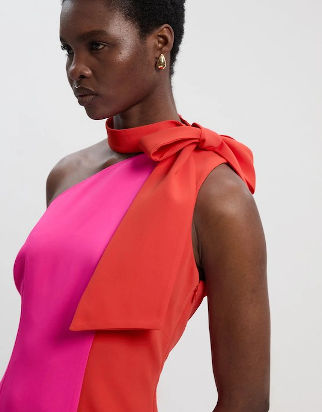 Soft Tailored Colour Block Bow Tie Neck Midi Dress