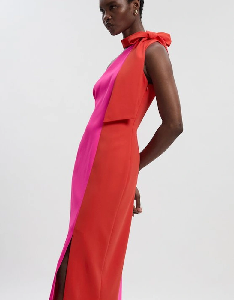 Soft Tailored Colour Block Bow Tie Neck Midi Dress