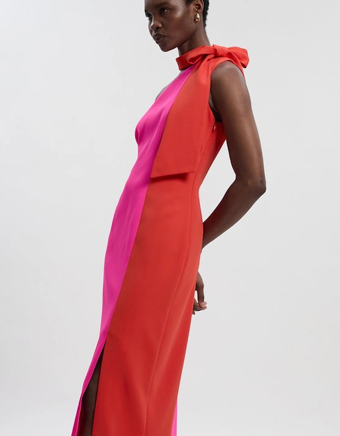 Soft Tailored Colour Block Bow Tie Neck Midi Dress