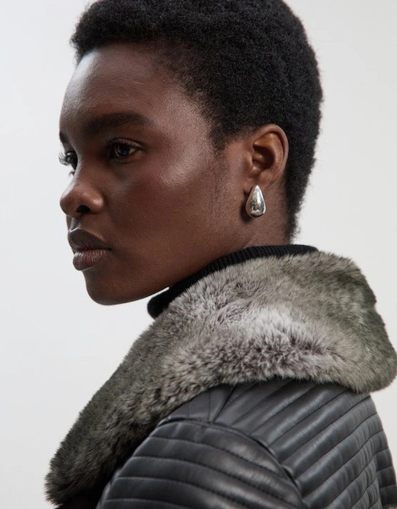 Faux Fur & Faux Leather Panelled Biker Belted Long Coat