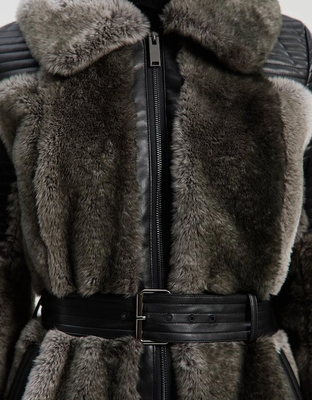 Faux Fur & Faux Leather Panelled Biker Belted Long Coat