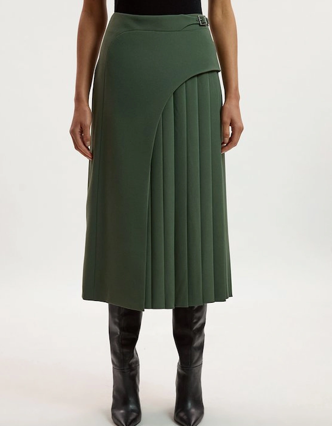 Tailored Buckle Detail Pleated Midi Skirt
