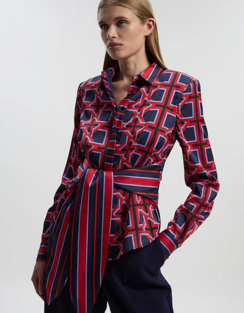 Geo Print Hammered Satin Tie Waist Woven Shirt