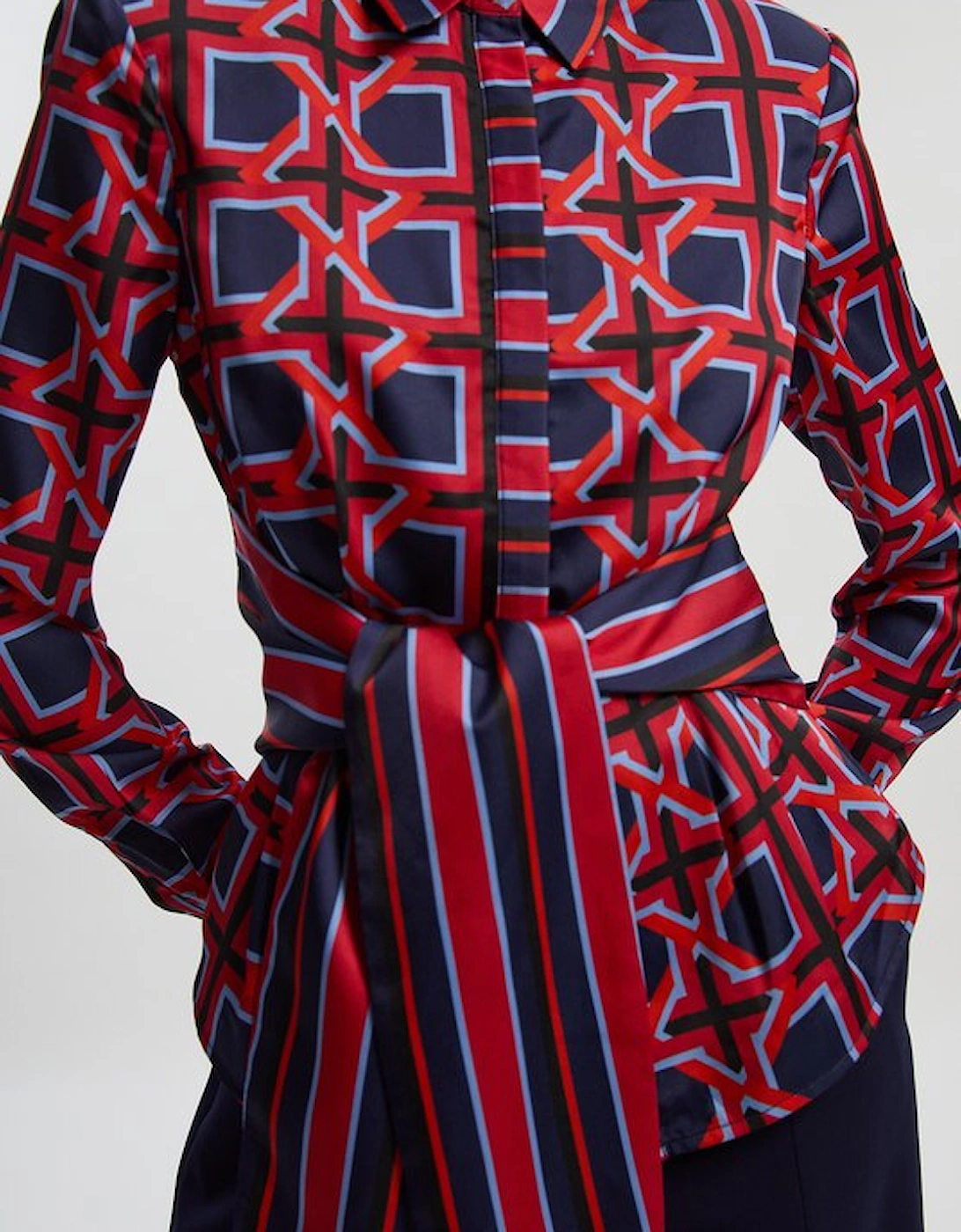 Geo Print Hammered Satin Tie Waist Woven Shirt