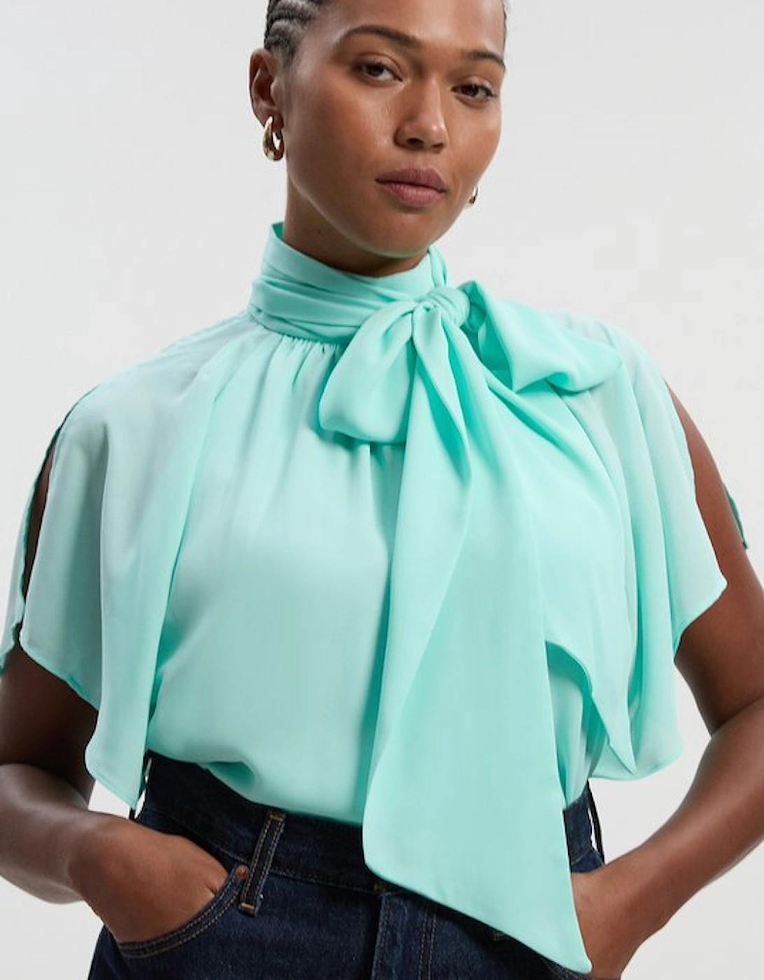 Plus Size Pussy Bow Tie Woven Georgette Blouse