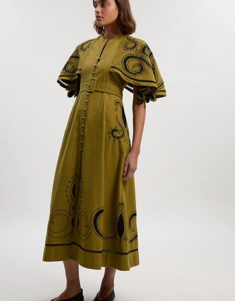 Baroque Embroidered Cape Sleeve Twill Woven Maxi Dress