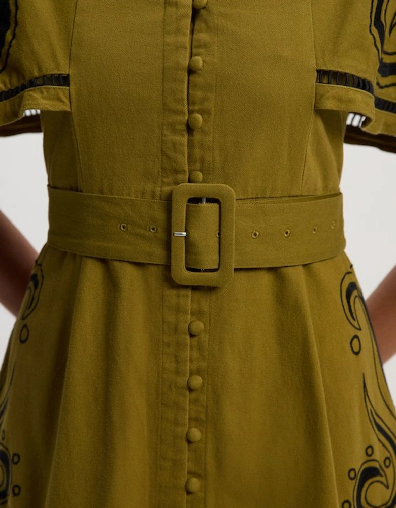 Baroque Embroidered Cape Sleeve Twill Woven Maxi Dress