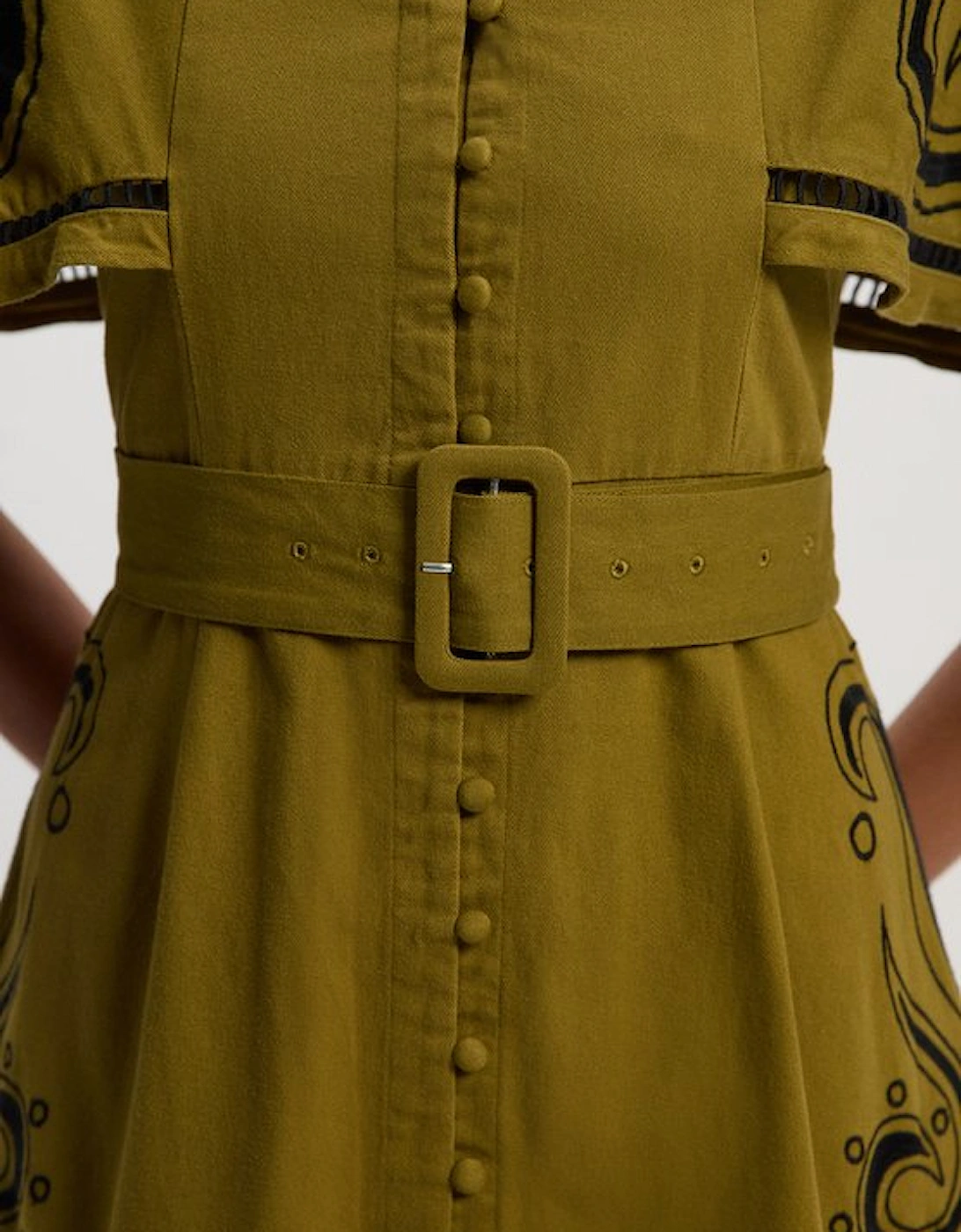 Baroque Embroidered Cape Sleeve Twill Woven Maxi Dress