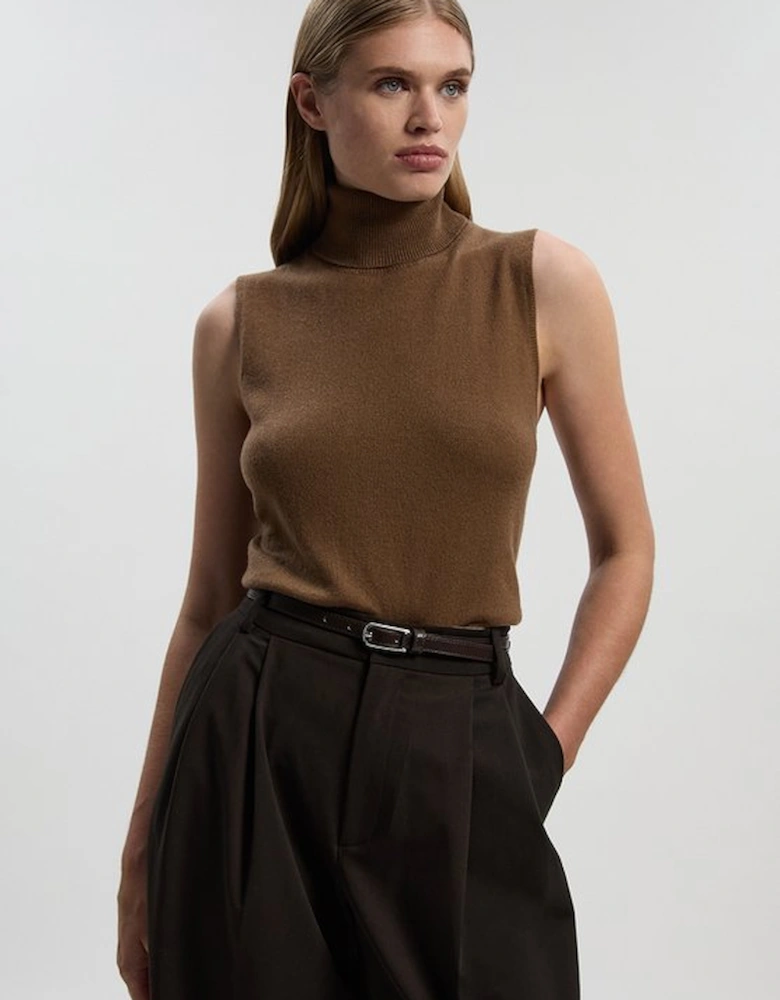Cashmere Wool Blend Sleeveless Roll Neck Knit Top