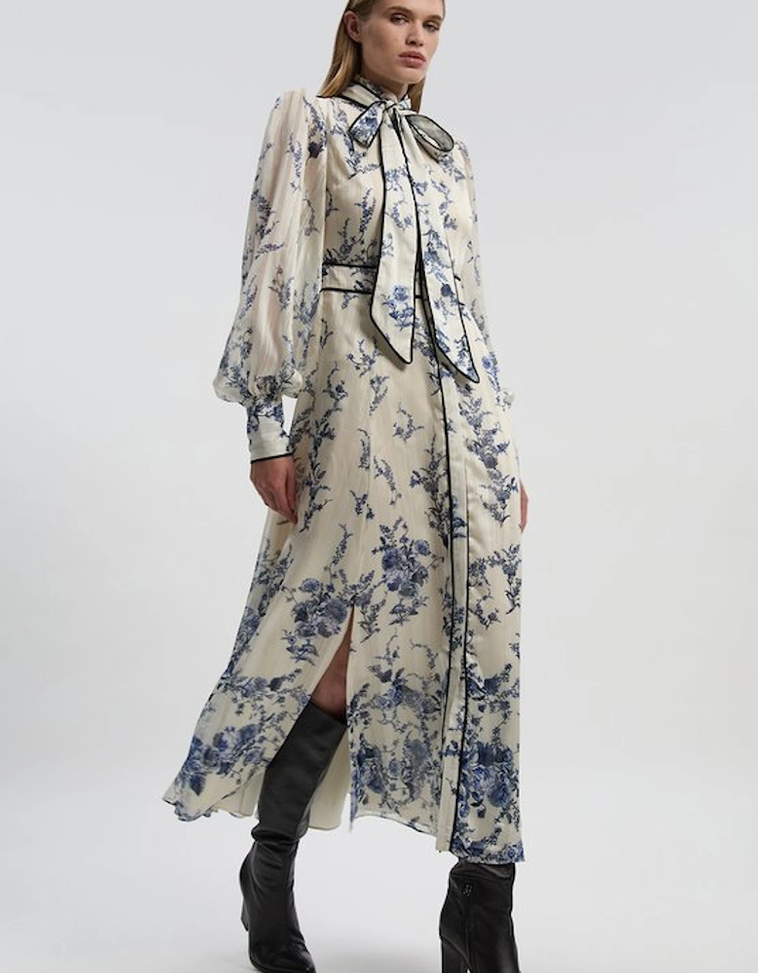 Floral Print Tie Neck Woven Balloon Sleeve Midaxi Dress