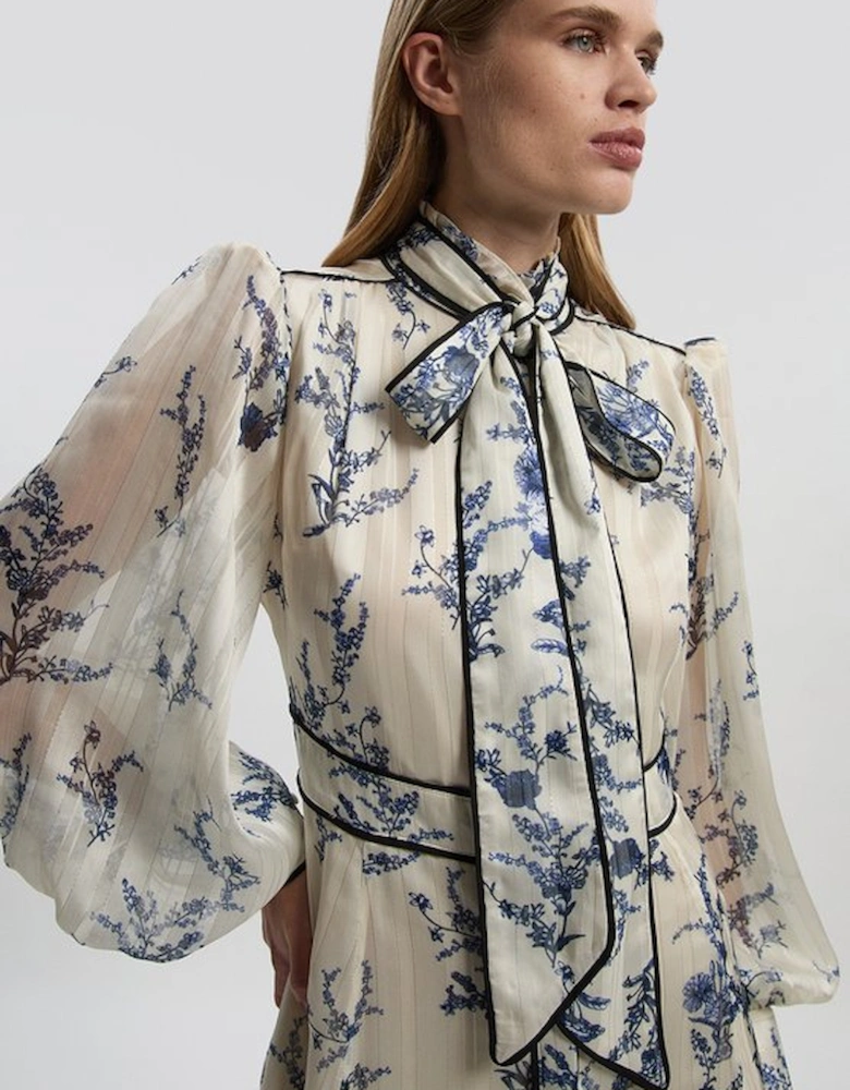 Floral Print Tie Neck Woven Balloon Sleeve Midaxi Dress