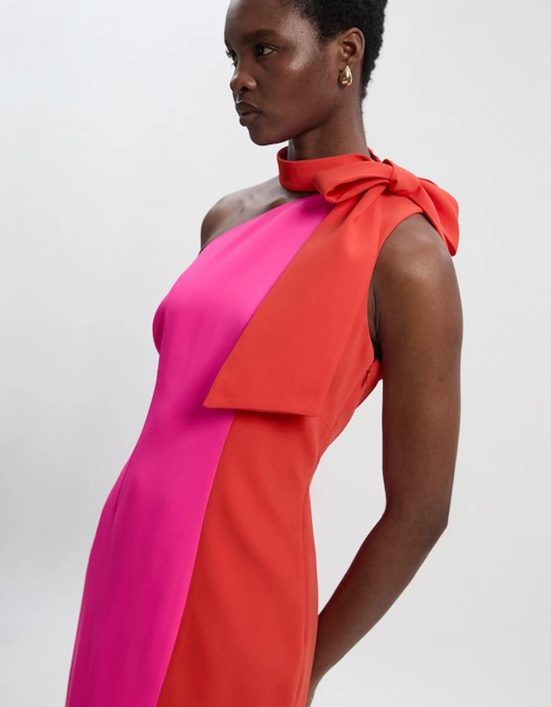 Petite Soft Tailored Colour Block Bow Tie Neck Midi Dress
