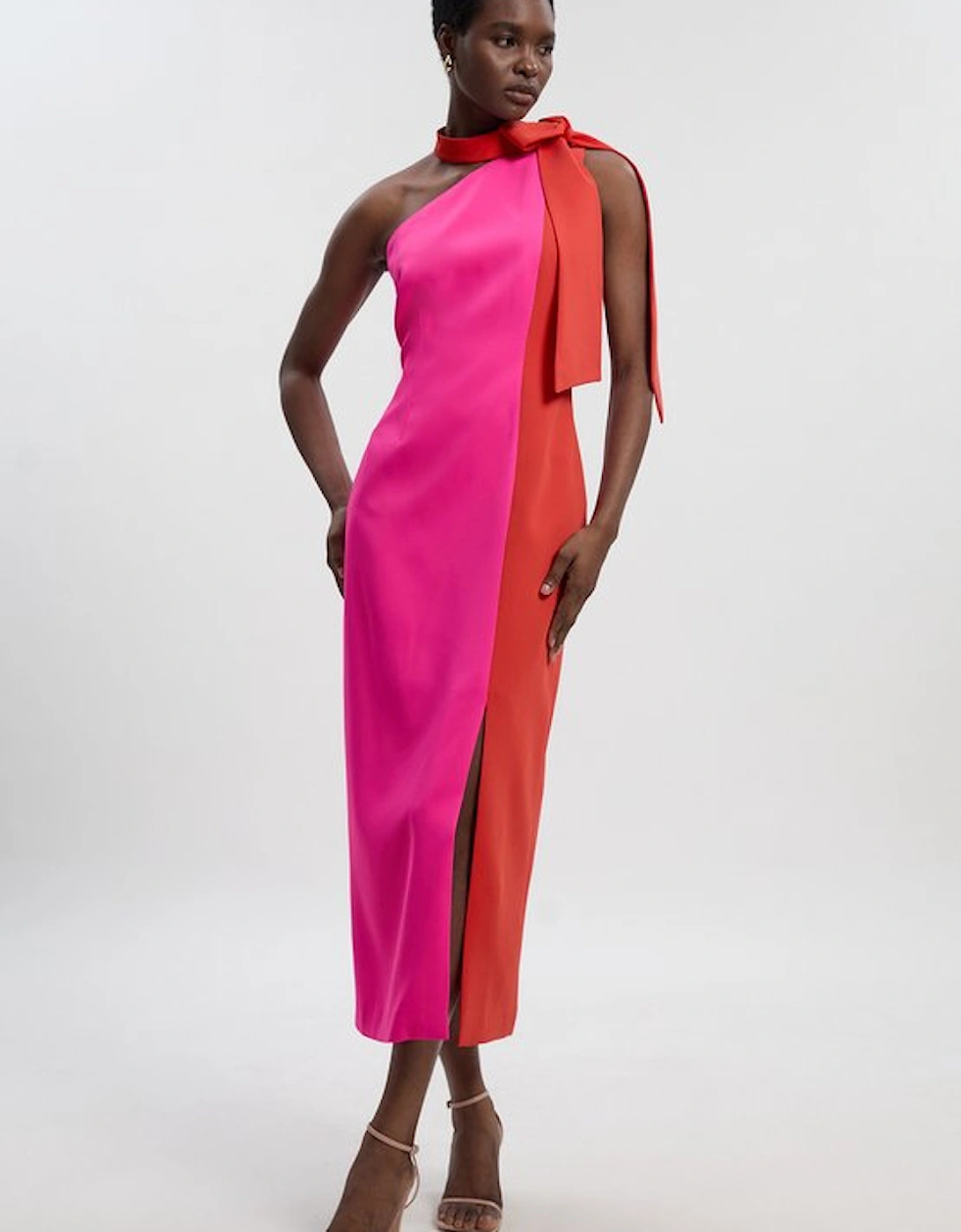 Petite Soft Tailored Colour Block Bow Tie Neck Midi Dress