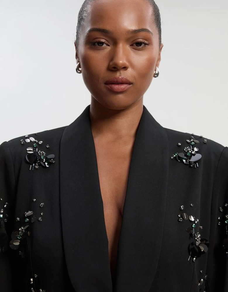 Plus Size Cluster Sequin & Crystal Embellished Tailored Single Breast Blazer